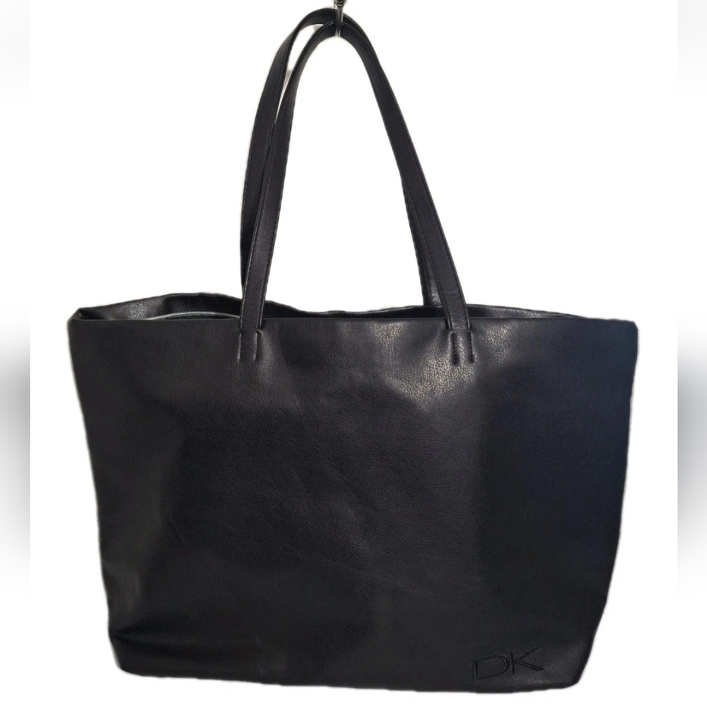 Donna Karen Cosmetics (DK) Large Black Faux Leather Zip Tote Bag 18 x 13 NWOT